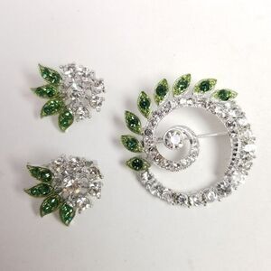 Vintage Brooch and Clip On Earring Set, Green and Silver Tone Rhinestone, 60s